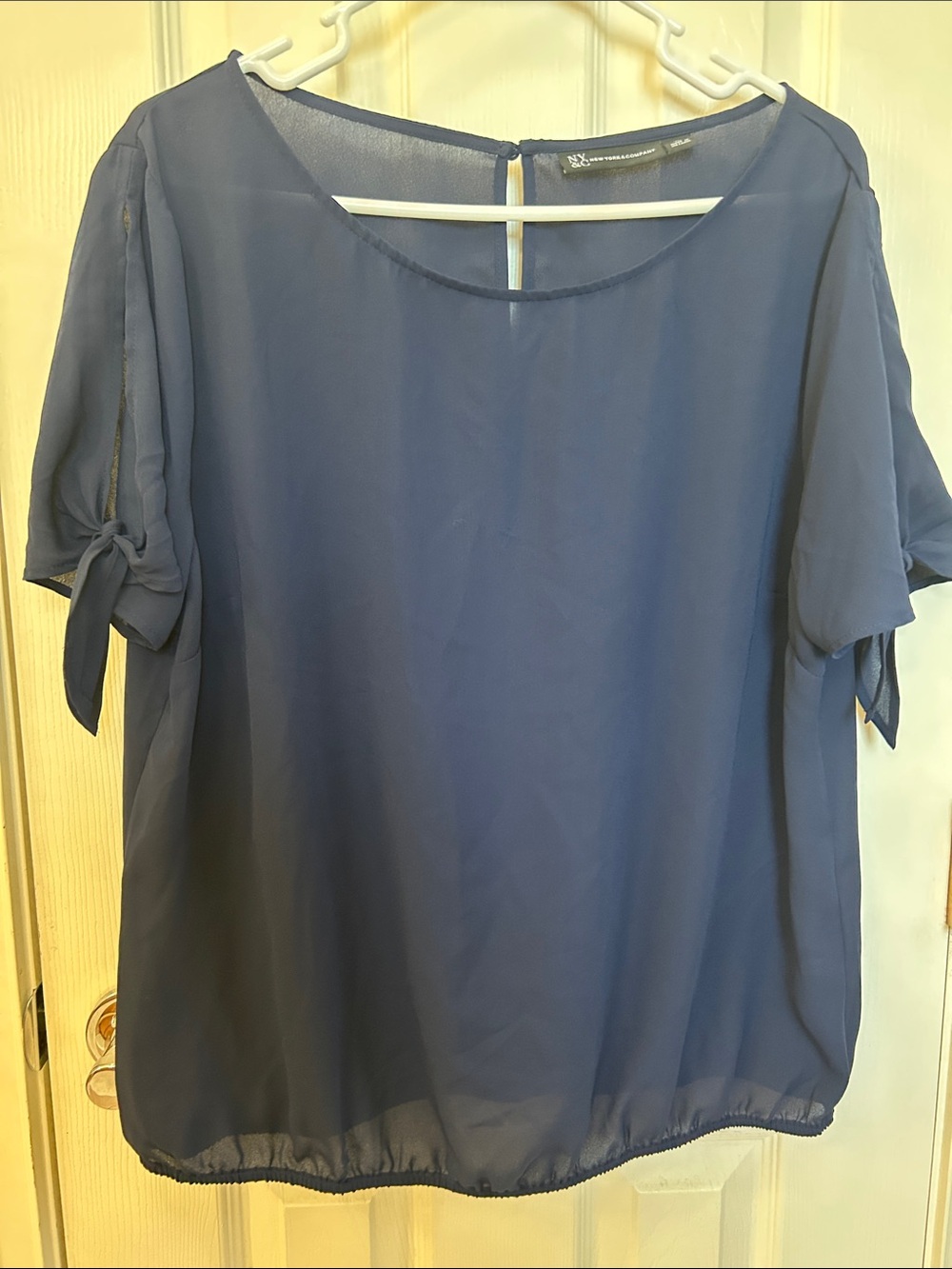 New York & Company Navy Blue Short Sleeve Blouse with Tie Sleeves